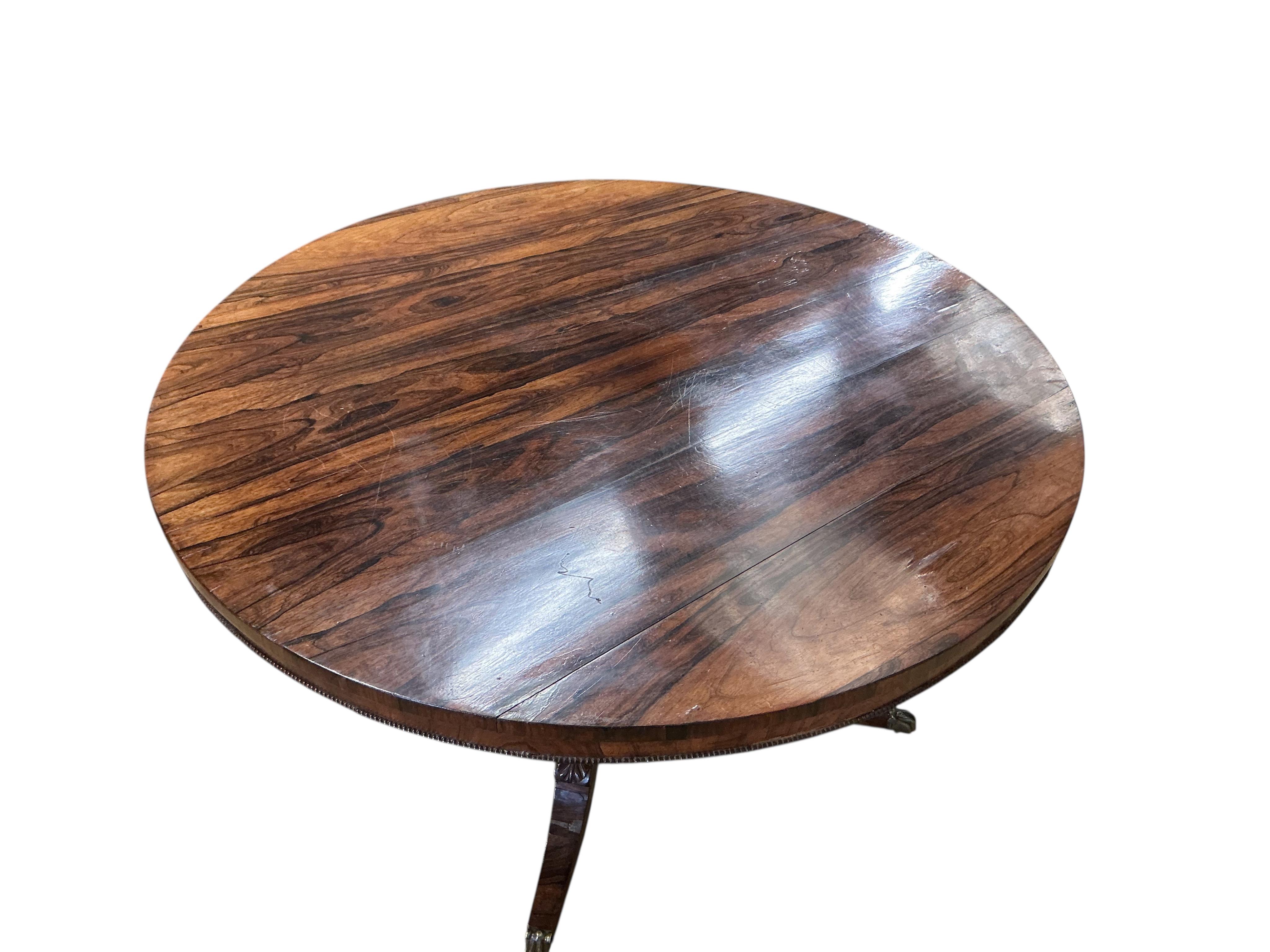 A Regency circular rosewood tilt top breakfast table, diameter 122cm, height 70cm